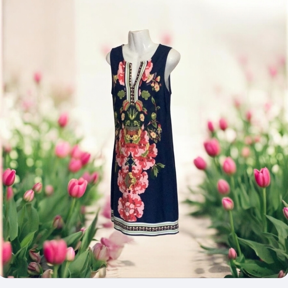New York & Co dress summer floral 🌺 body con blue pink yellow green size